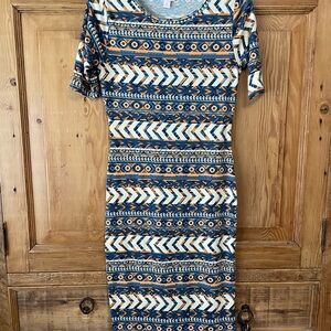 LuLaRoe Julia Blue and White Sheath Midi Dress